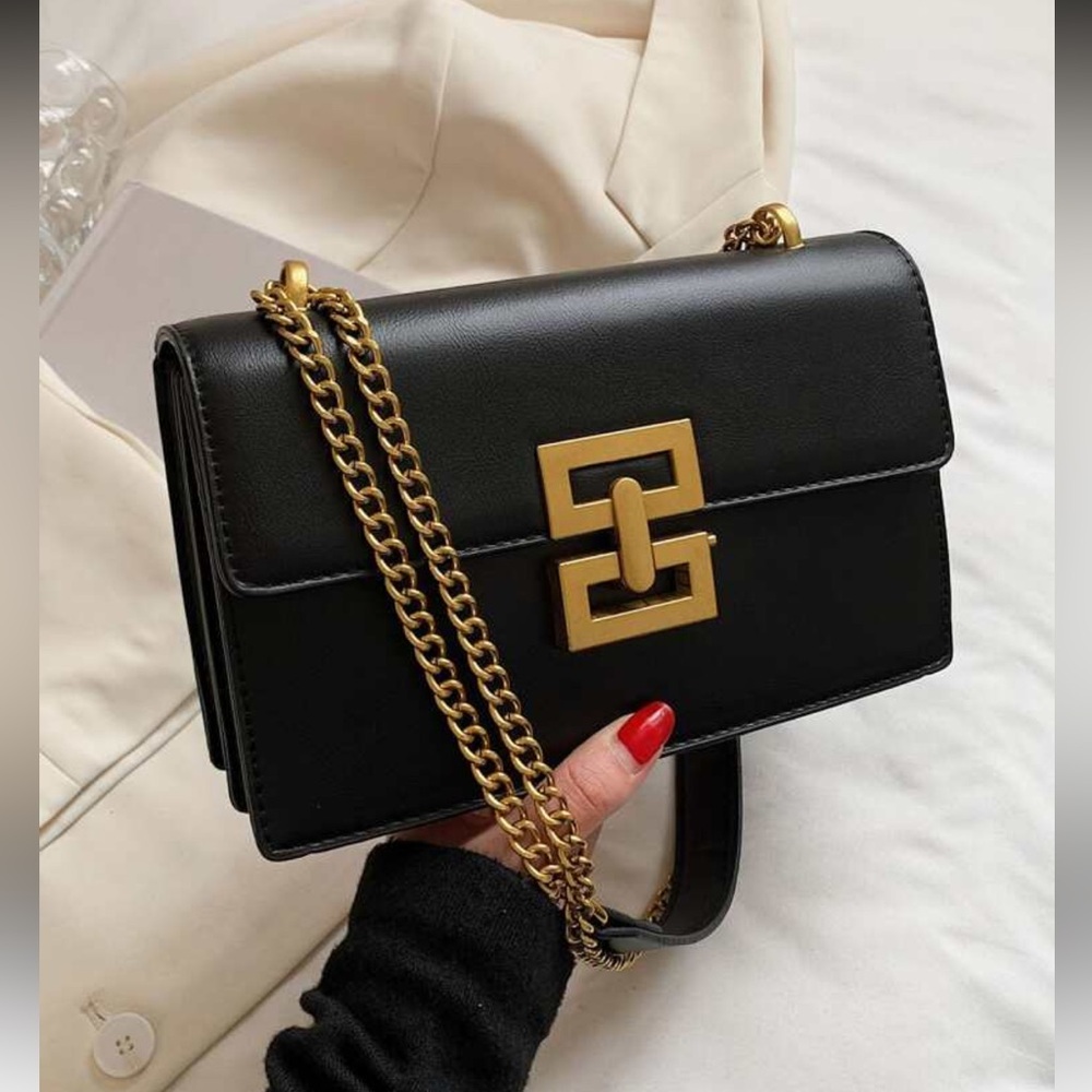 Classic Black Leather Chain Shoulder Bag with Gold Hardware